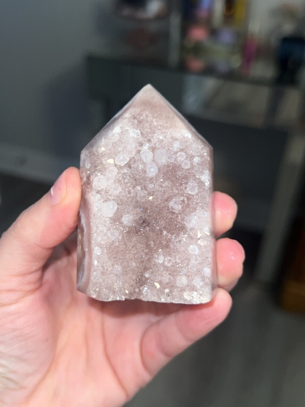 Polished Pinkish Crystal Tower Druzy Point